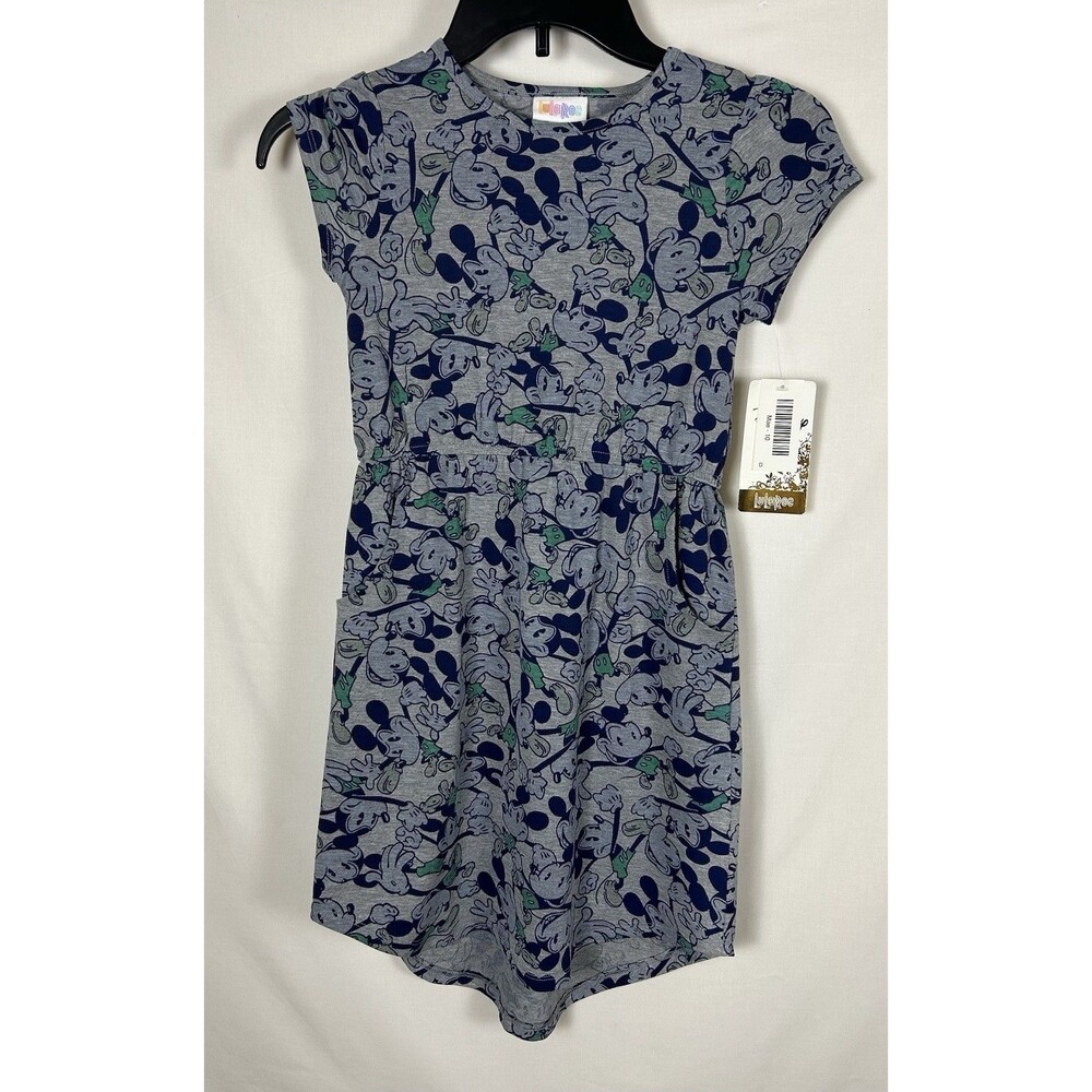 LuLaRoe Disney Mae Dress Girls 10 Mickey Mouse Gray Blue Pocket Short Sleeve NWT